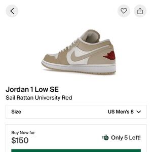 Air Jordan Air Jordan 1 Low SE 'Sail Rattan'. Men’s size 8, great used condition